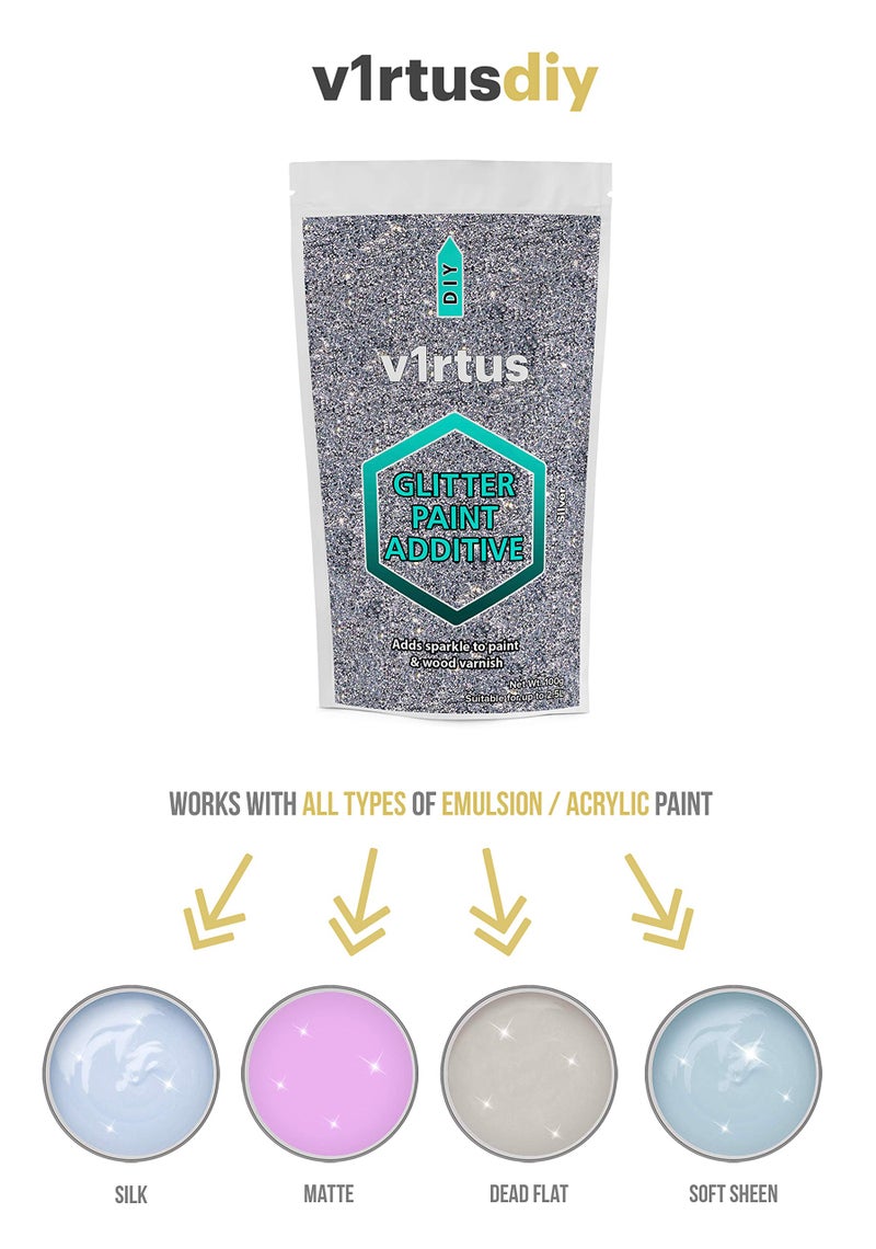 V1RTUS Glitter for Paint (Silver) Additive 100g / 3.5oz for Acrylic, Latex, Emulsion - use Interior/Exterior - Wall, Ceiling, Wood, Metal, Varnish, Dead Flat, Matte, Soft Sheen or Silk - Image 3